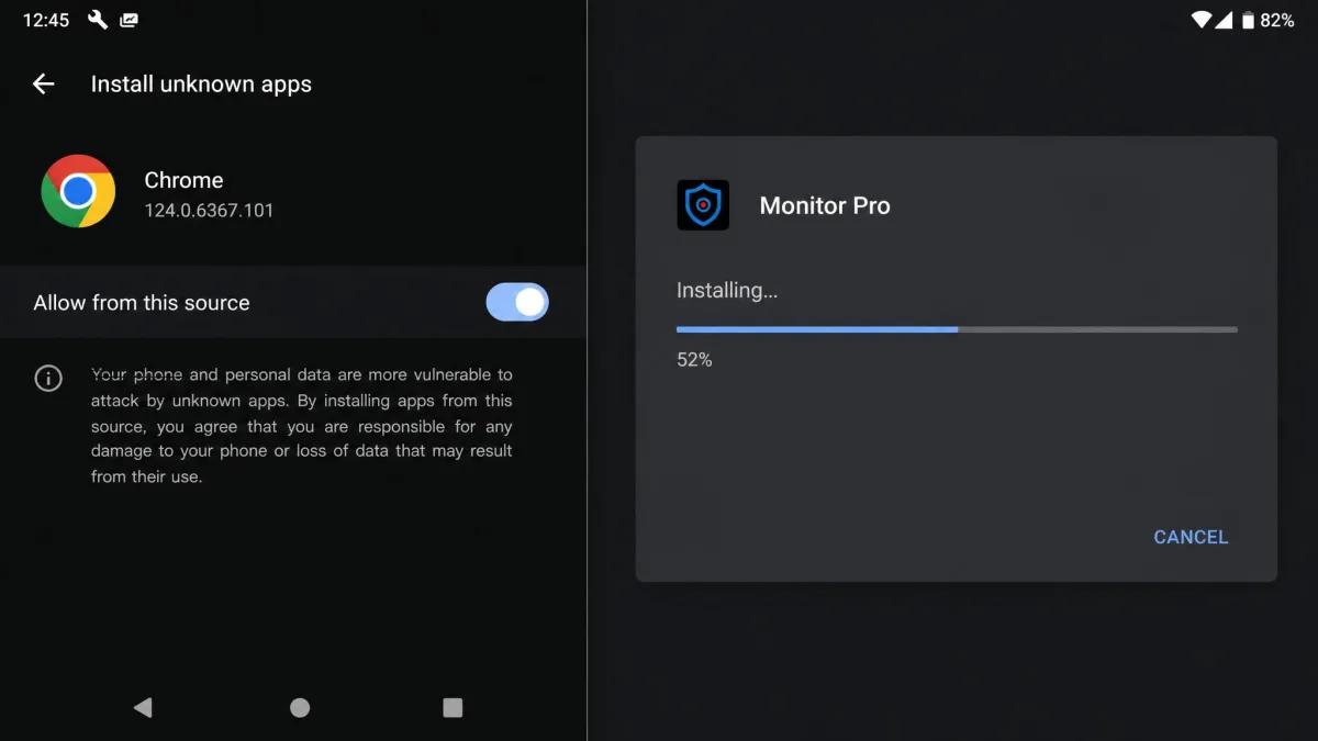 Android Settings showing the Install unknown apps toggle being enabled for a browser, mid-way through sideloading a monitoring APK.