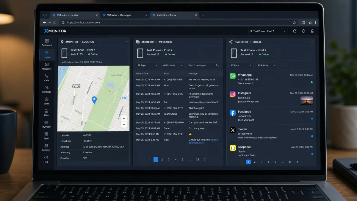 Three Android monitoring dashboards open in browser tabs on a laptop, showing a location map, a message log and a social media feed for the same test phone.