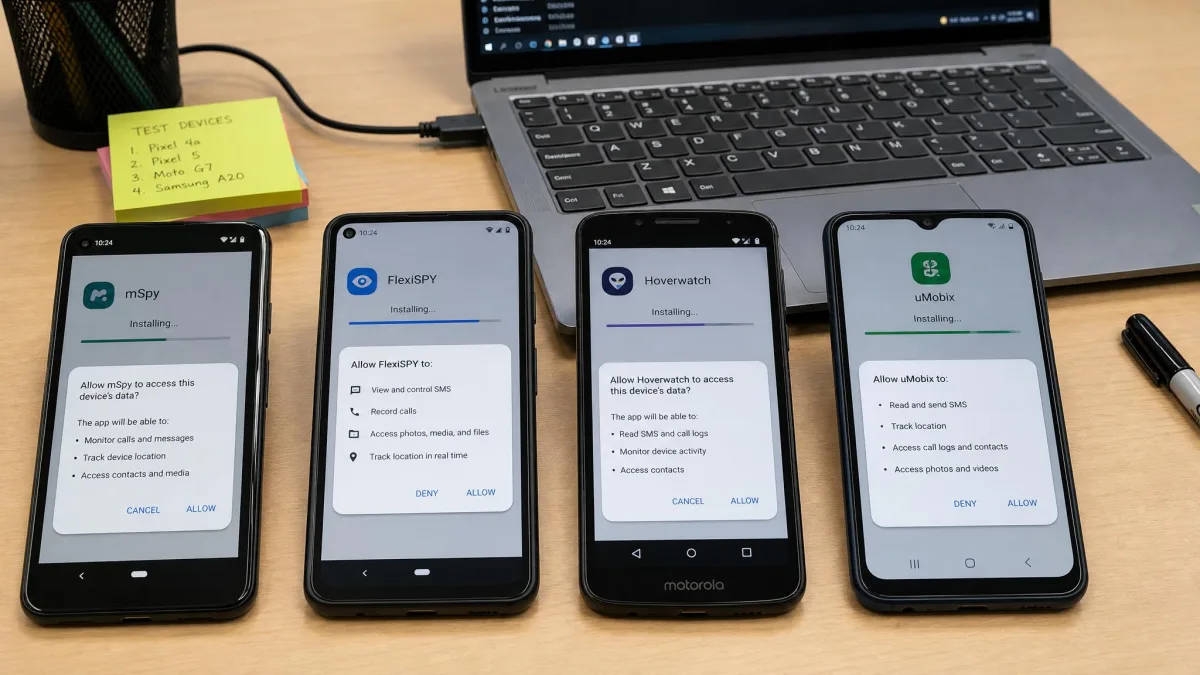 Four Android test phones laid out on a desk beside a laptop, each mid-install of a different monitoring app with permission prompts visible on screen.