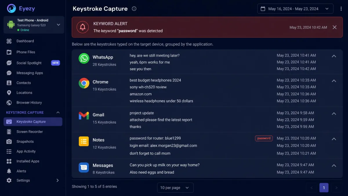 Eyezy Keystroke Capture screen listing typed text from an Android test phone grouped by app, with a keyword alert banner at the top.