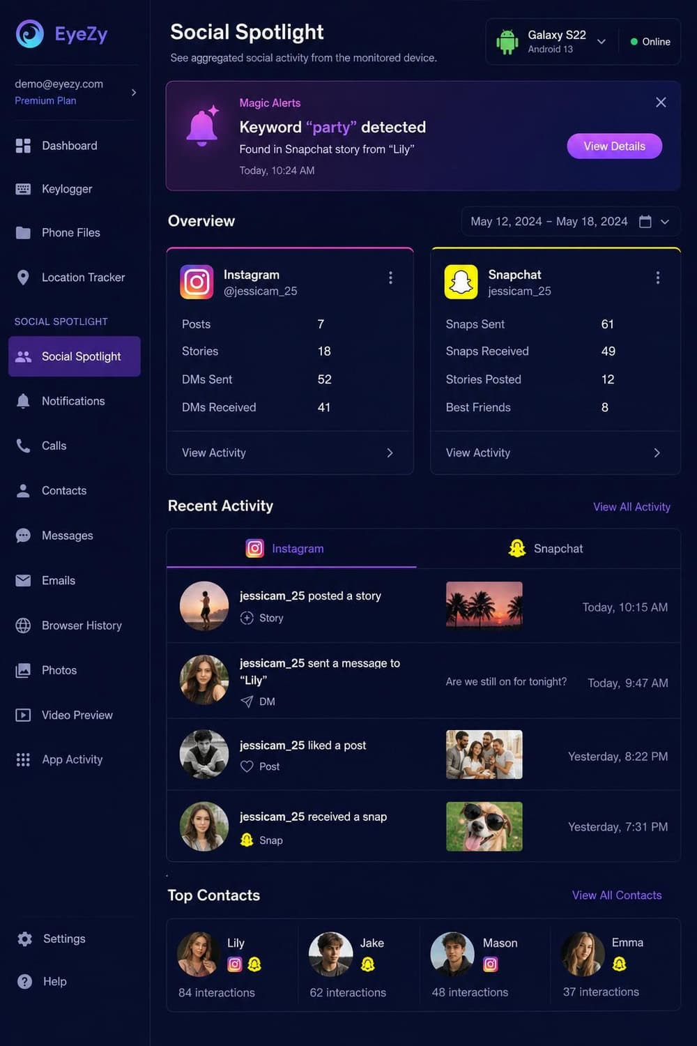 EyeZy Social Spotlight panel showing aggregated Instagram and Snapchat activity from a monitored Android phone, with a Magic Alerts keyword notification on top.