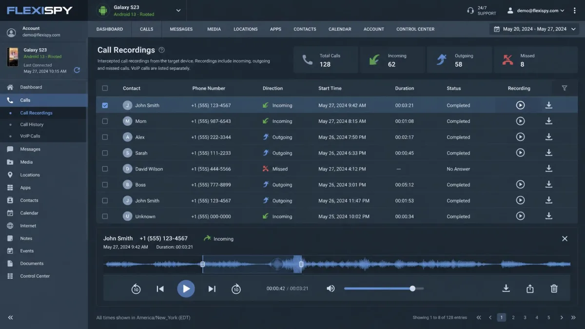 FlexiSPY dashboard call recording panel listing intercepted calls from a rooted Android phone, with waveform playback controls.