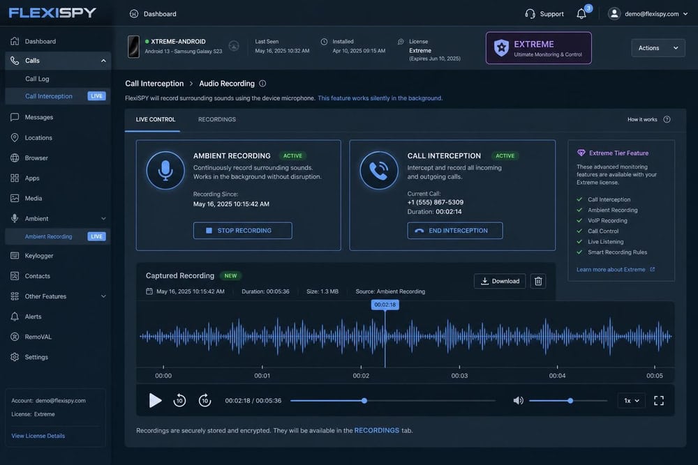 FlexiSpy dashboard highlighting the Extreme tier's call interception and ambient recording controls, with an audio waveform from a captured recording in the main panel.