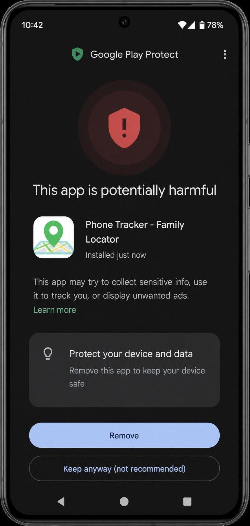 Google Play Protect warning on an Android phone flagging a free "phone tracker" app as potentially harmful.