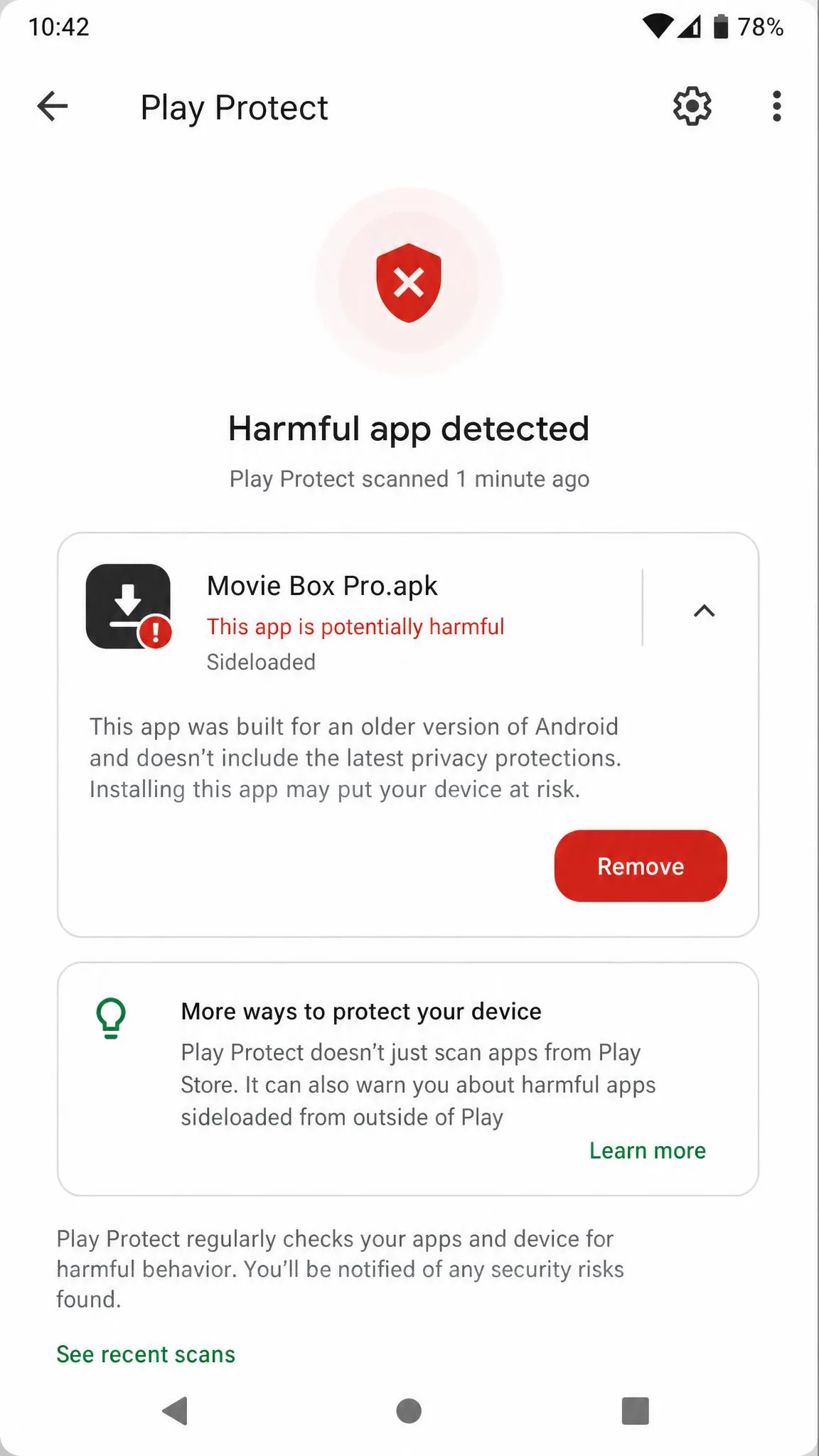 Google Play Protect scan results screen on an Android phone flagging a sideloaded app as potentially harmful, with a remove button visible.
