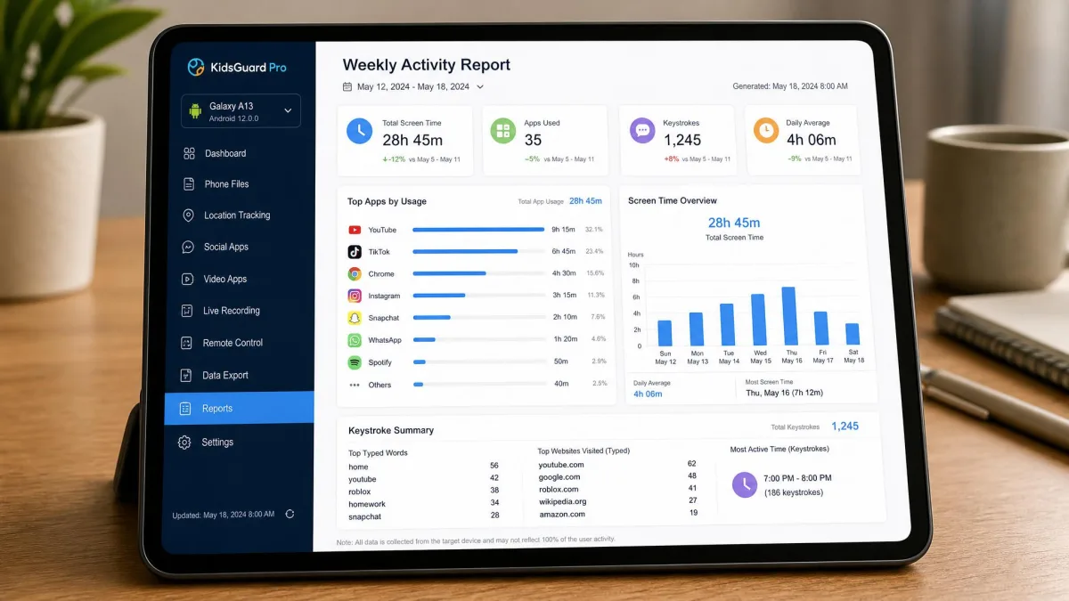 KidsGuard Pro weekly activity report on a tablet showing app usage bars, screen time totals and a keystroke summary for a child's Android phone.