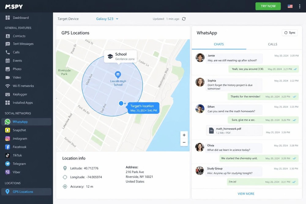 mSpy parent dashboard showing a target phone's GPS location with a geofence circle around a school, beside a panel of recent WhatsApp messages.
