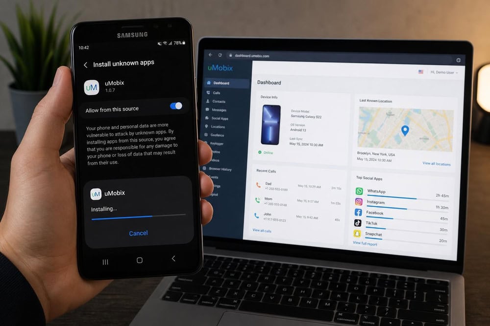 A hand holding a Samsung Galaxy mid-install of an Android monitoring app, with the "Install unknown apps" permission screen visible and a laptop dashboard behind it.