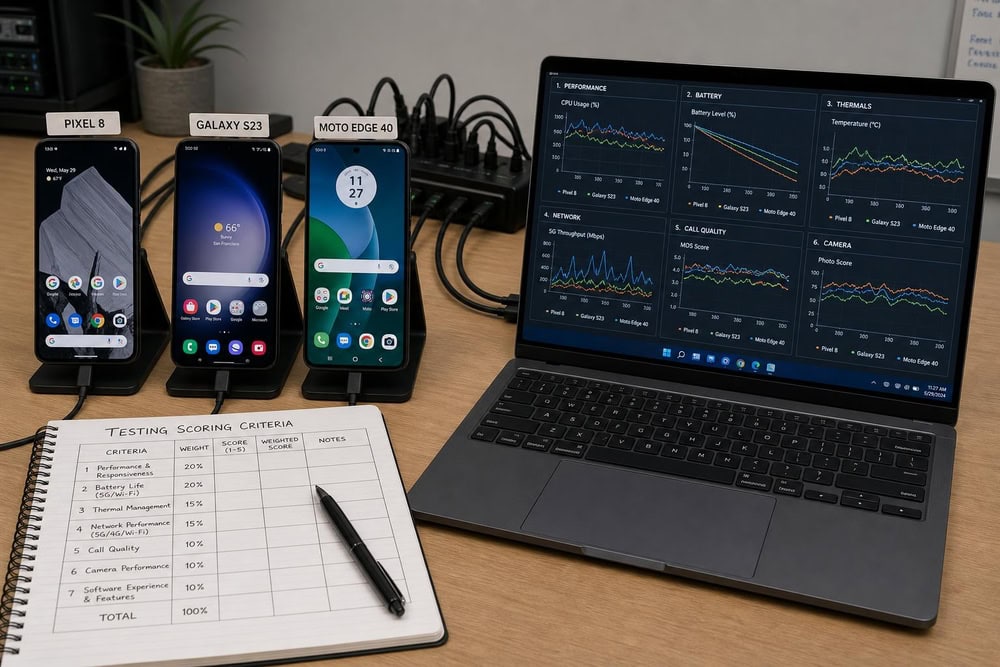 A test bench with three Android phones (Pixel, Galaxy, Motorola) wired to a laptop running six monitoring dashboards, beside a notebook of scoring criteria.
