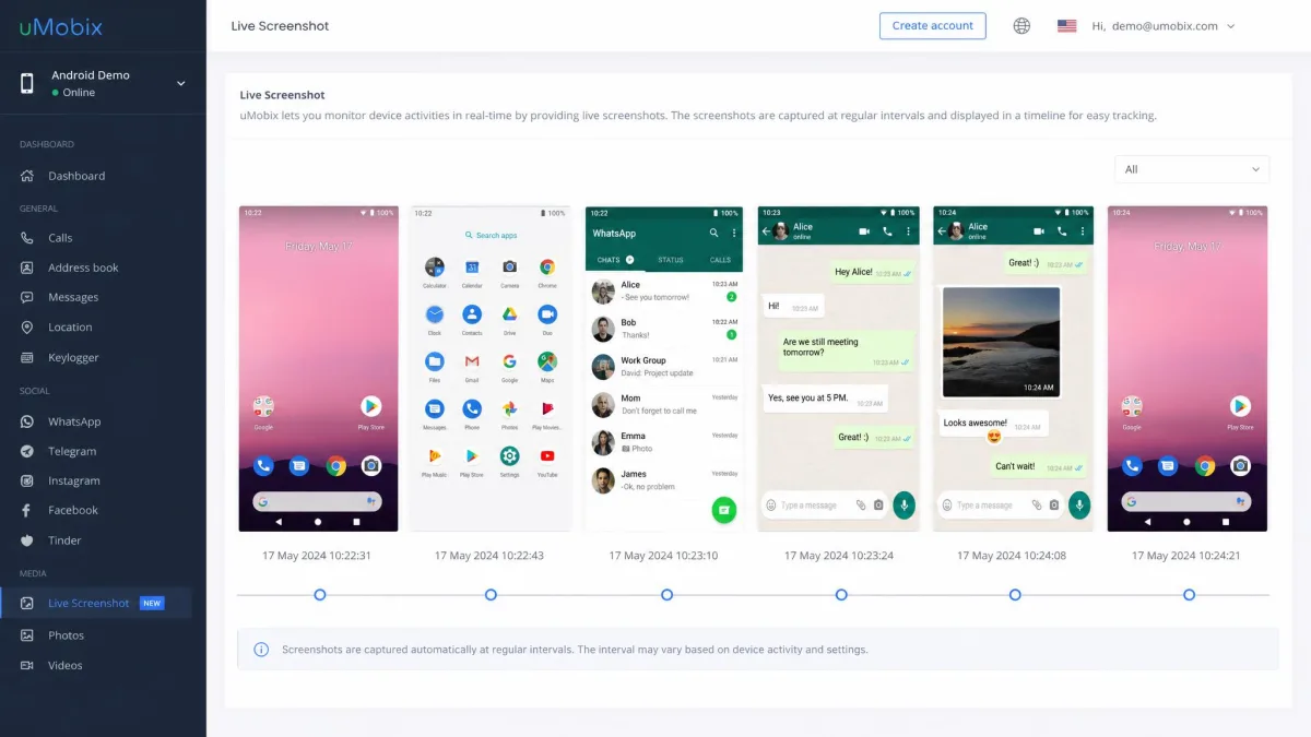 uMobix live screenshot feed showing a sequence of captured Android home and chat screens in a timeline, with timestamps under each thumbnail.