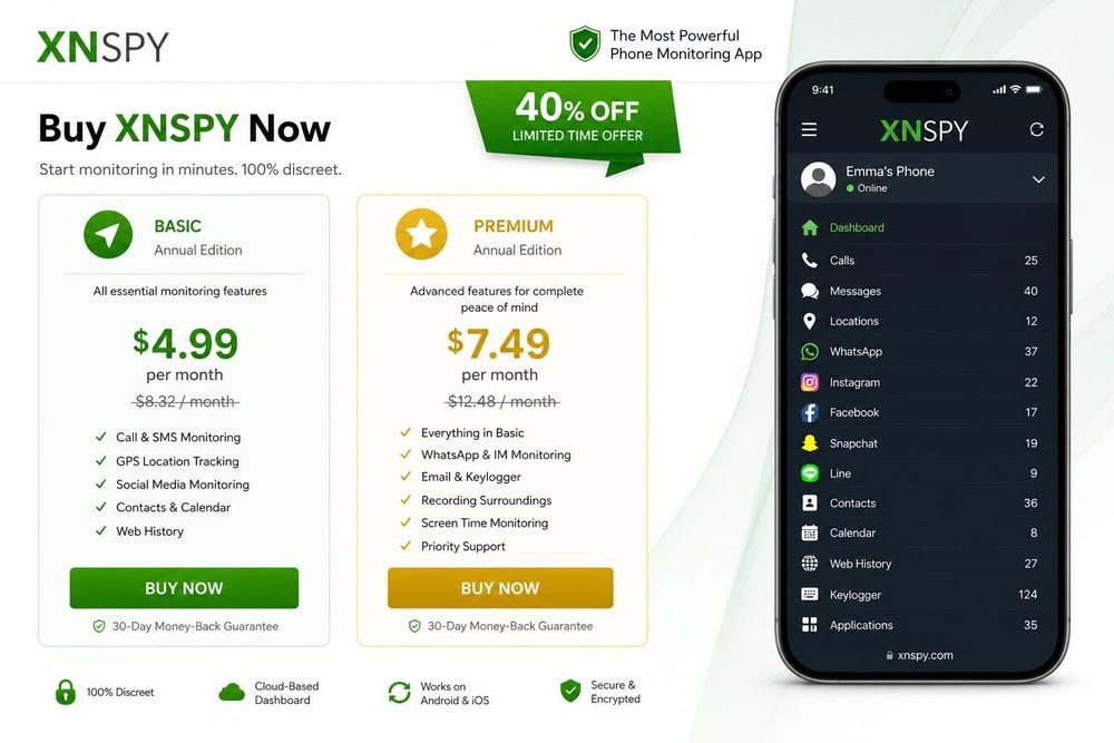 XNSPY buy-now page showing the Basic and Premium annual editions at $4.99 and $7.49 per month with a 40% off banner, beside a phone running the monitored app.
