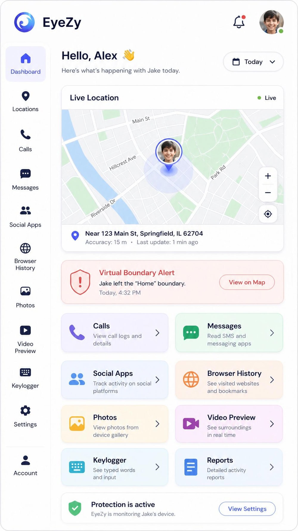 EyeZy mobile dashboard on an Android phone showing a clean card-based interface with a live location map, a virtual-boundary geofence alert, and large labeled feature tiles.