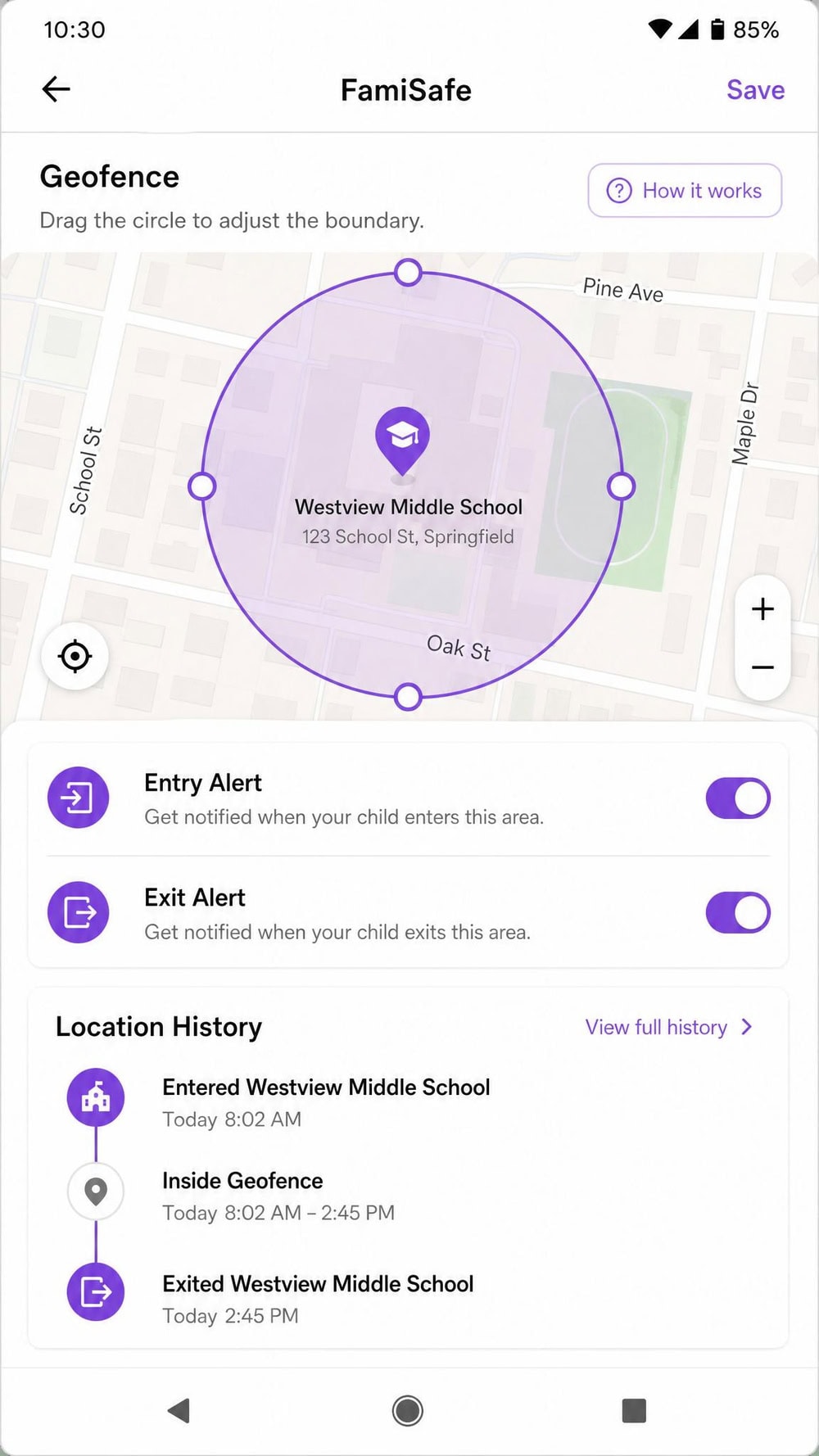 FamiSafe geofence setup screen on Android showing a circular boundary drawn around a school with entry and exit alert toggles enabled and a location-history timeline below.