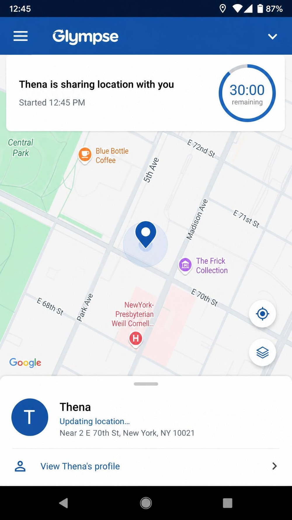 Glympse share screen on an Android phone showing a live location pin, a 30-minute countdown timer, and a Send Link button with a recipient browser preview alongside.