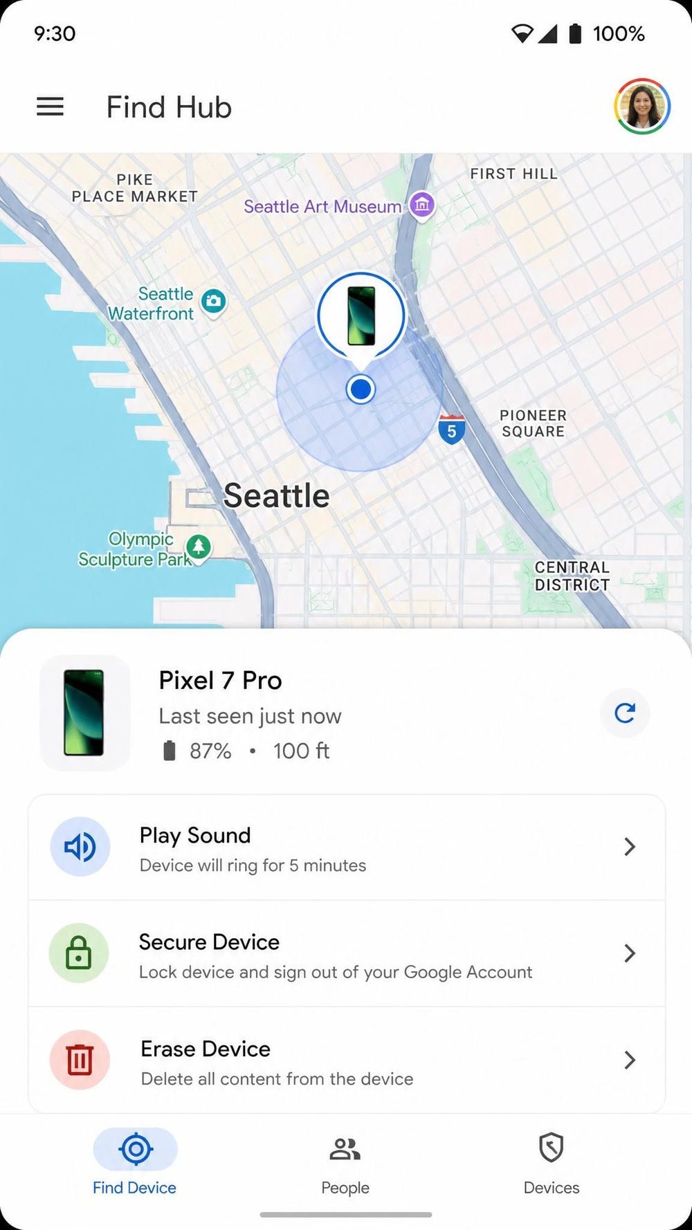 Google Find Hub on a Pixel phone showing a misplaced Android device pinned on a city map with Play Sound, Secure Device, and Erase Device buttons listed below the map.