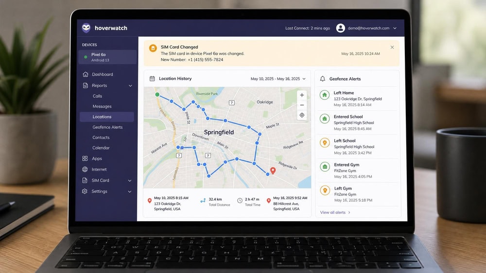 Hoverwatch web panel on a laptop showing a monitored Android phone's historical GPS trail across a town, a list of geofence alerts, and a SIM-change notification banner.