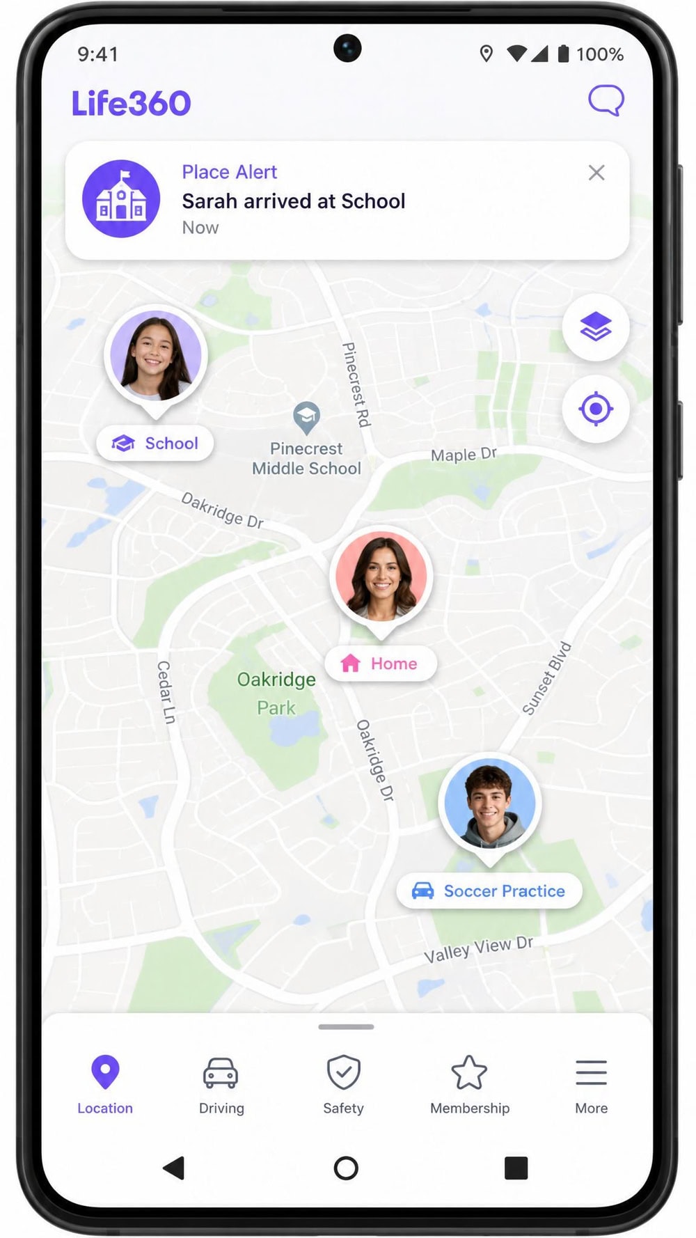 Life360 Circle map on an Android phone showing three family-member avatars at different locations across a suburban neighborhood with a Place Alert notification at the top.
