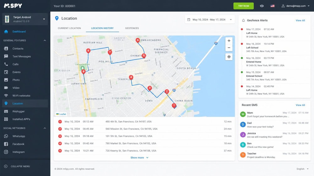 mSpy web control panel on a laptop showing a target Android phone's location history pins across a city map with a geofence alert log and recent SMS list in side panels.