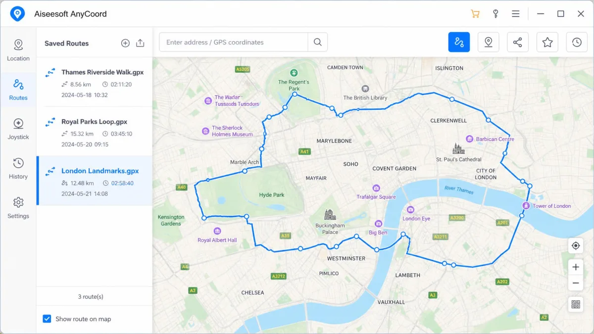 Aiseesoft AnyCoord showing its saved route library with three named GPX routes listed on the left and the selected route highlighted in blue across a map of central London.