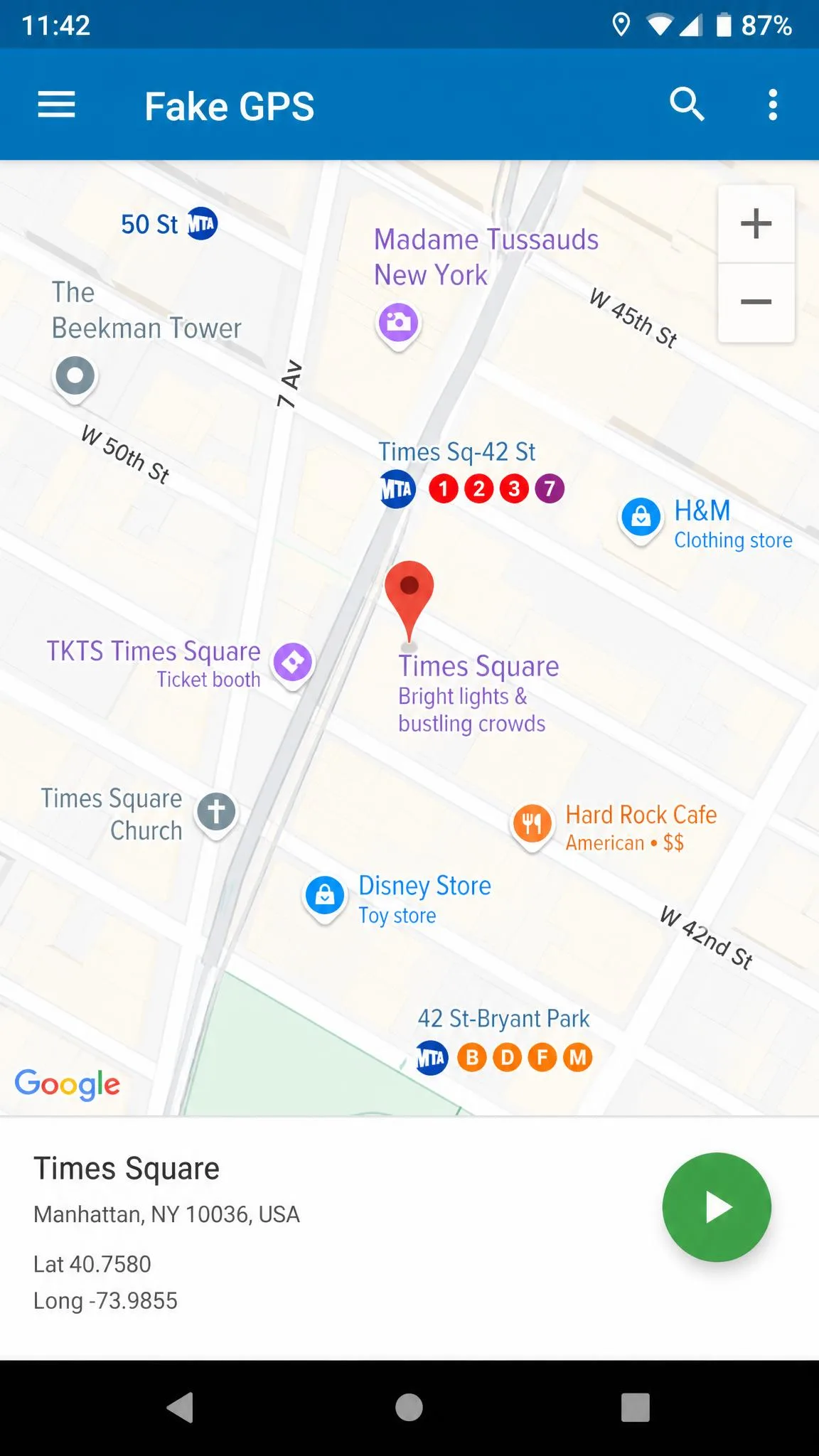 Fake GPS Location by Lexa on an Android phone showing a map pin dropped near Times Square with the green play button ready to start the mock location.
