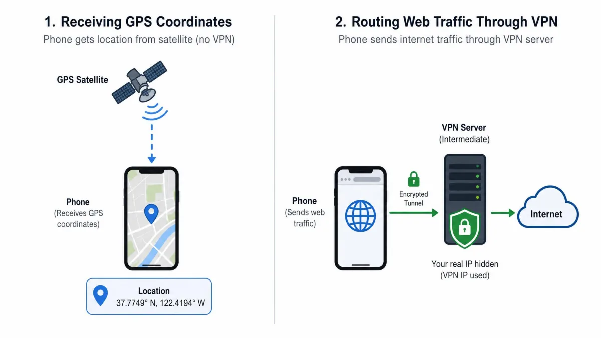 A simple diagram contrasting a phone receiving satellite GPS coordinates on the left with the same phone routing web traffic through a VPN server on the right.