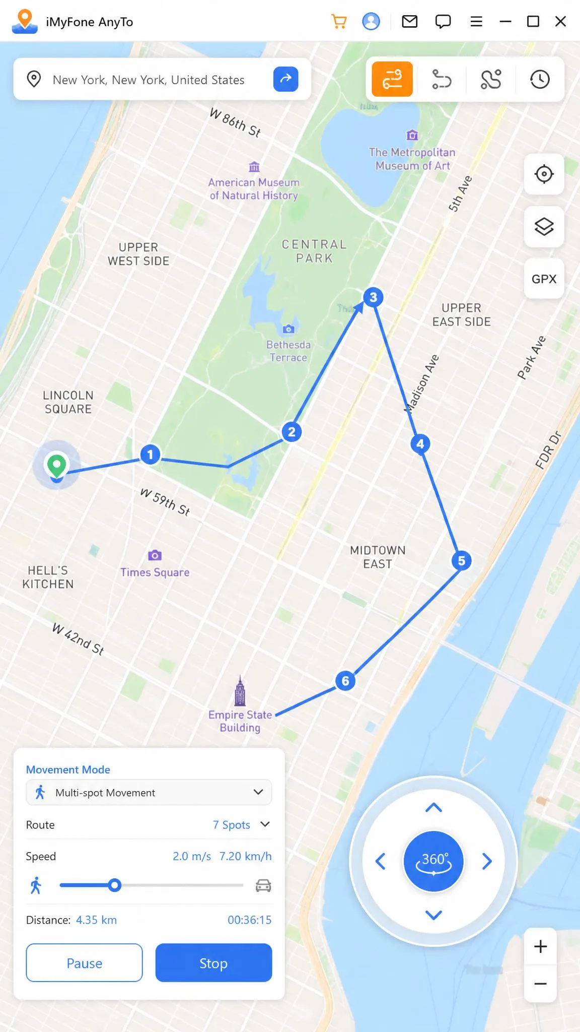 iMyFone AnyTo with a multi-spot walking route drawn across a city map, the speed slider set to walking pace, and the round 360-degree joystick overlay in the lower right corner.