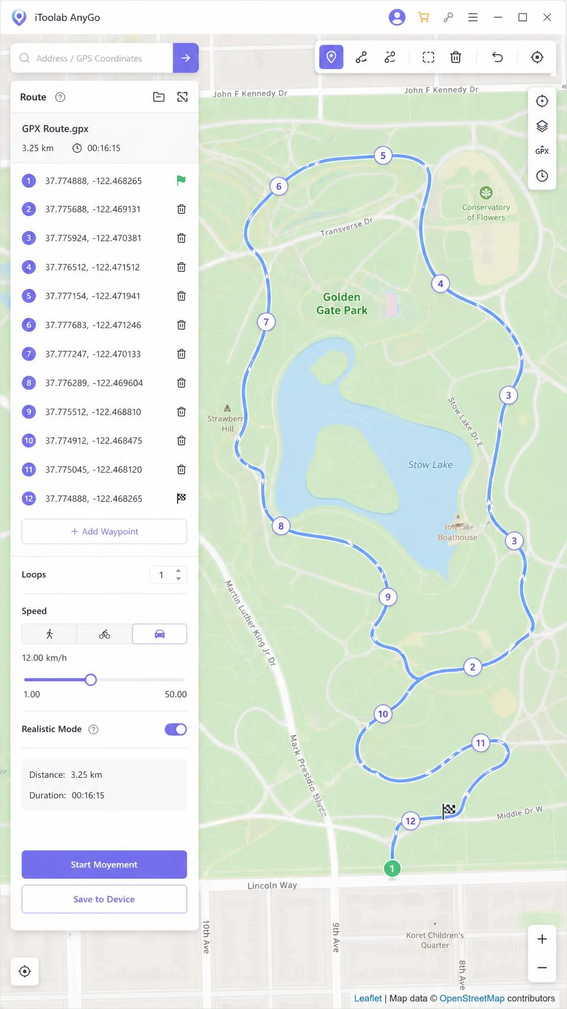 iToolab AnyGo route editor with an imported GPX track winding through a park, waypoint markers numbered along the path, and the speed slider set to 12 km/h.