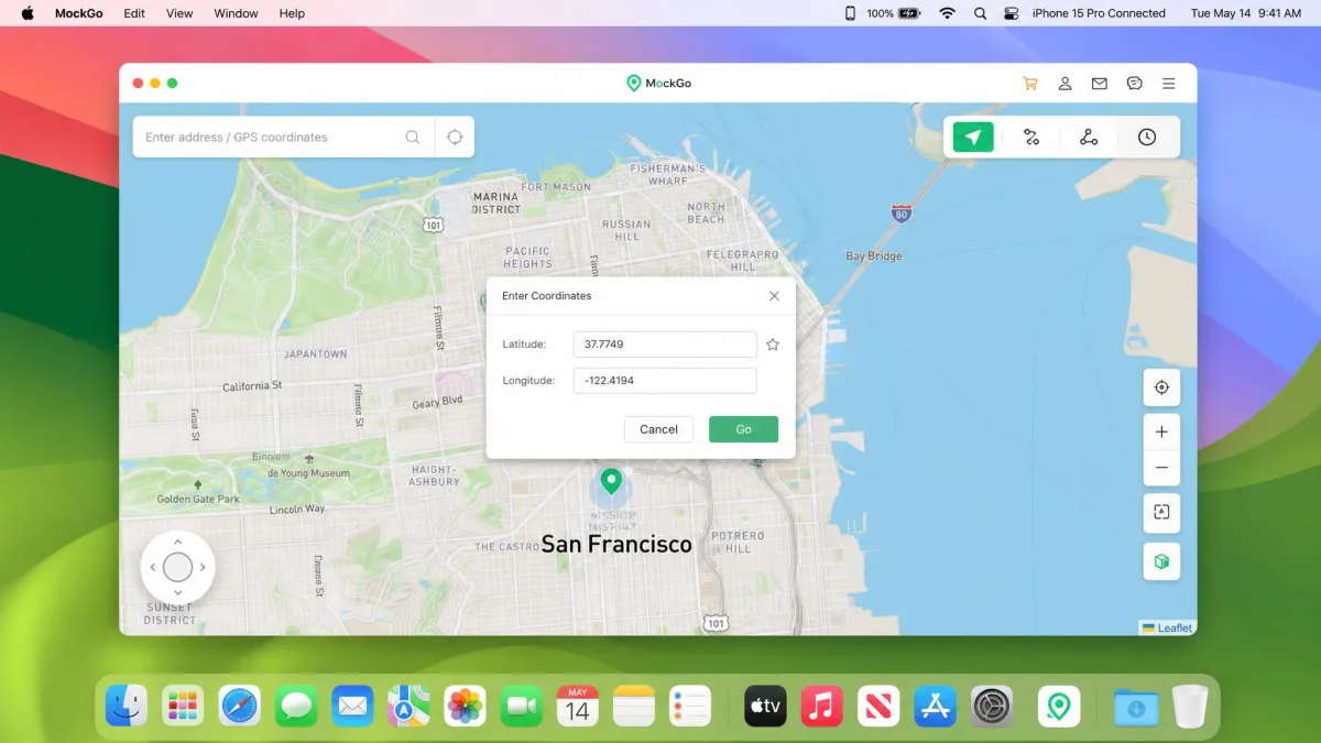 MockGo on macOS with the manual coordinate entry box open, latitude and longitude typed in, and the connected iPhone name shown in the top status bar.