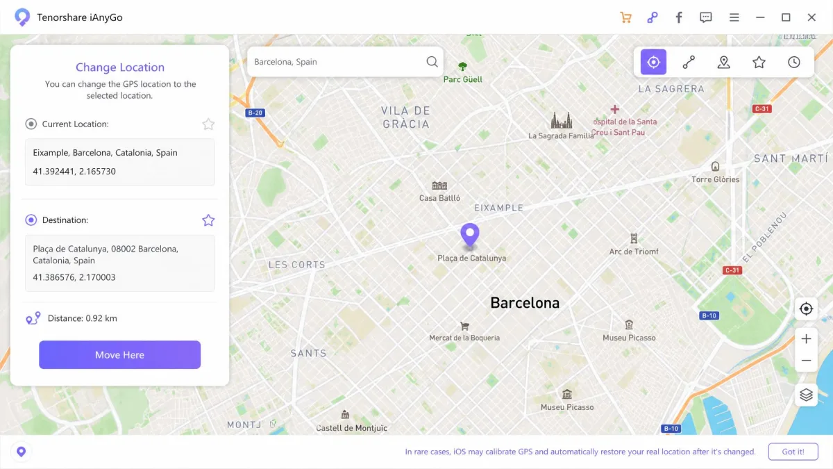 Tenorshare iAnyGo on Windows showing the one-click location change screen with a search bar, a pin dropped on Barcelona, and a Move Here confirmation button.