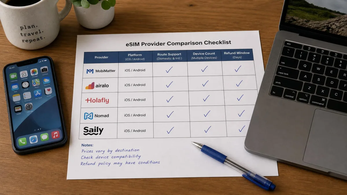 A printed comparison checklist on a desk beside an iPhone and a laptop, with columns for platform, route support, device count and refund window ticked off in pen.