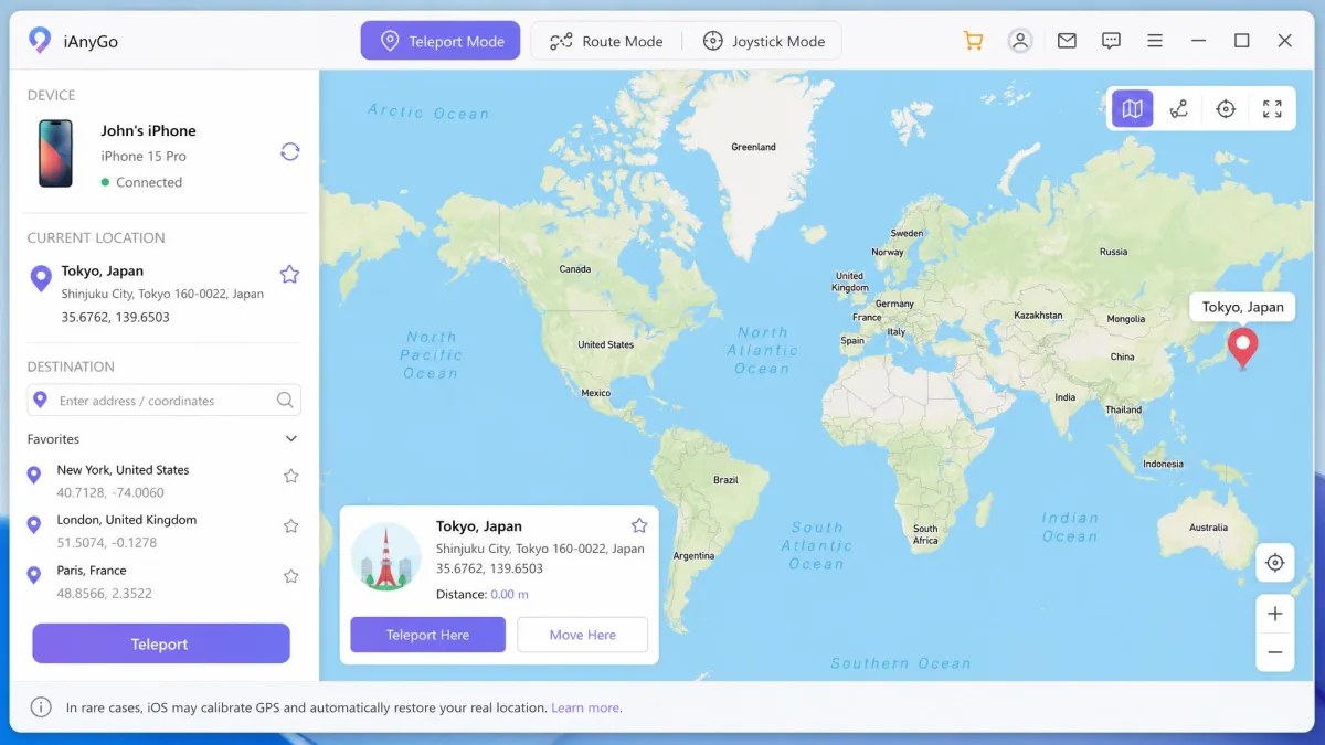 A desktop virtual location changer showing a world map with a dropped pin in Tokyo, the connected iPhone listed in the sidebar, and teleport, route and joystick mode buttons across the top bar.