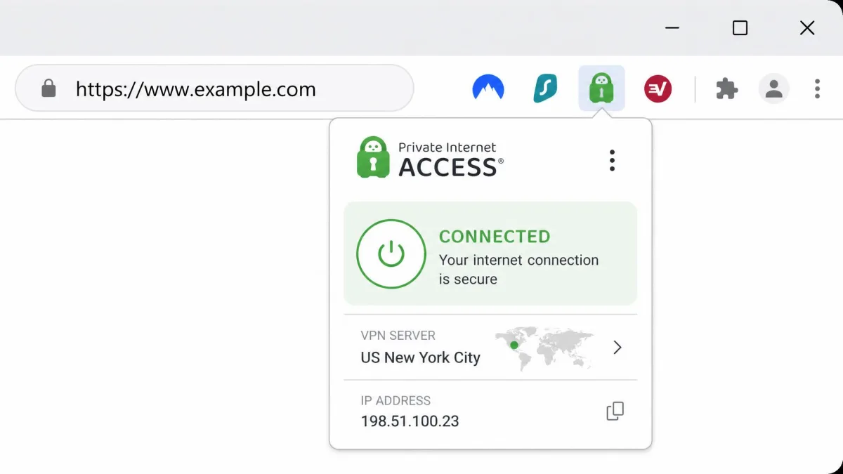 A close-up of the Chrome toolbar showing several installed VPN extension icons next to the address bar, with one extension panel open displaying a connected status.