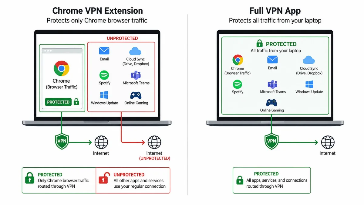 A simple diagram contrasting a Chrome VPN extension protecting only browser traffic against a full VPN app protecting all traffic from a laptop, with everything outside Chrome shown unprotected under the extension.