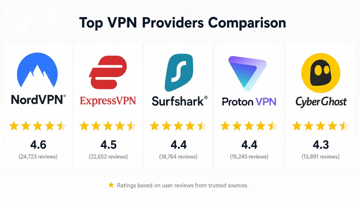 Five VPN provider logos, NordVPN, ExpressVPN, Surfshark, Proton VPN, and CyberGhost, arranged in a comparison lineup with rating stars beneath each.