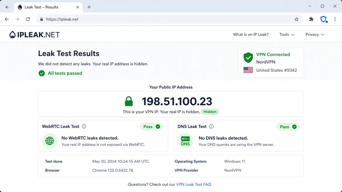A browser leak-test results page showing a hidden public IP address with a green pass indicator for WebRTC and DNS while a VPN extension is connected.