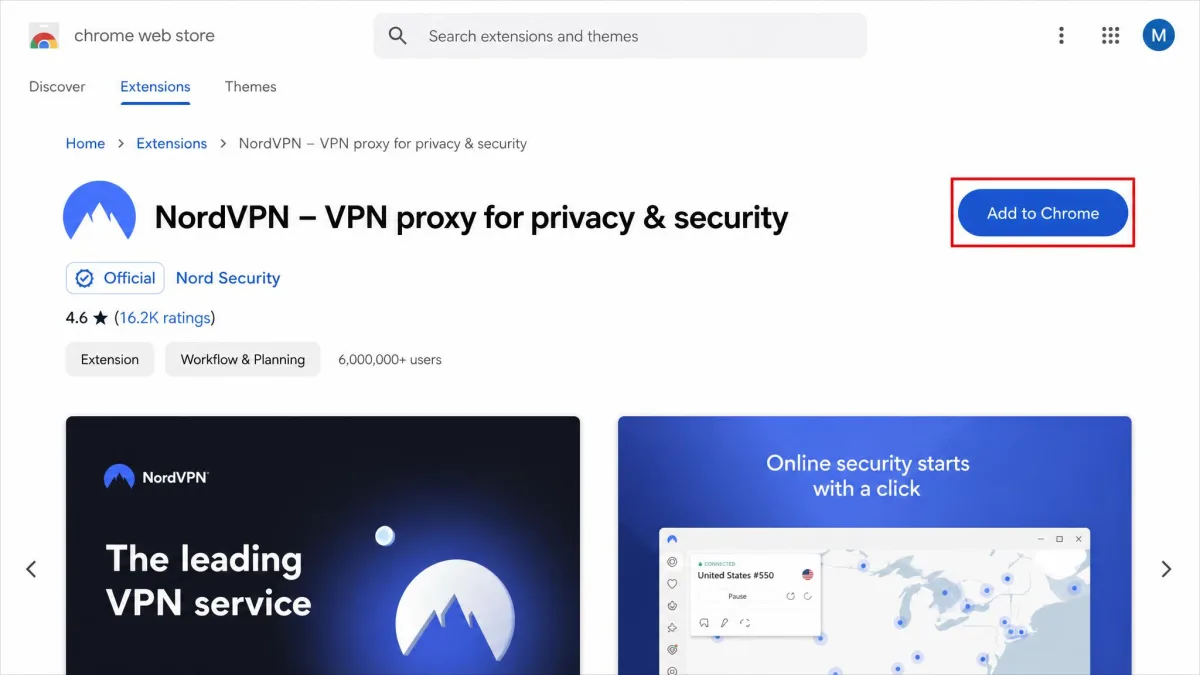 The Chrome Web Store listing for a VPN extension with the blue "Add to Chrome" button highlighted and the official developer name visible beneath the extension title.