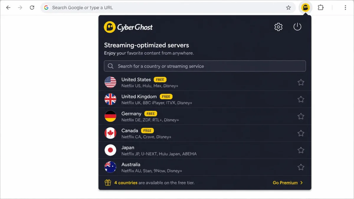 CyberGhost's Chrome extension showing its list of streaming-optimized server locations with a search box and a note that four countries are available on the free tier.