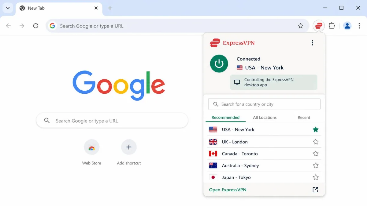 ExpressVPN's Chrome toolbar extension showing the connected location and a note that it is controlling the desktop app, with a country picker open below.