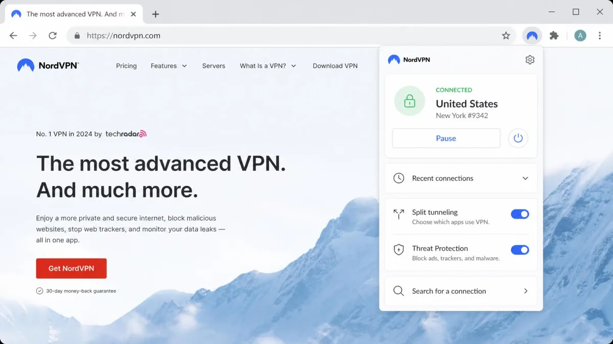 NordVPN's Chrome extension panel open next to the address bar, showing a connected status, the selected server country, and quick toggles for split tunneling and Threat Protection.