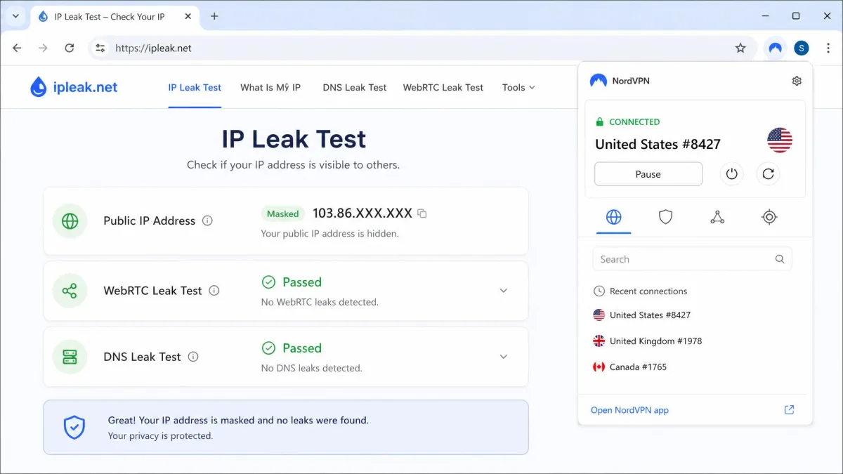 NordVPN's Chrome extension connected alongside a leak-test page showing passed WebRTC and DNS checks and a masked public IP address.