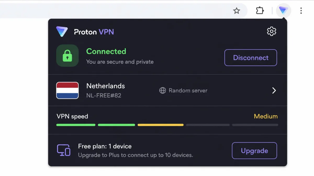 Proton VPN's Chrome extension on the free plan showing a connected random server, a medium-speed indicator, and the single-device limit noted at the bottom.