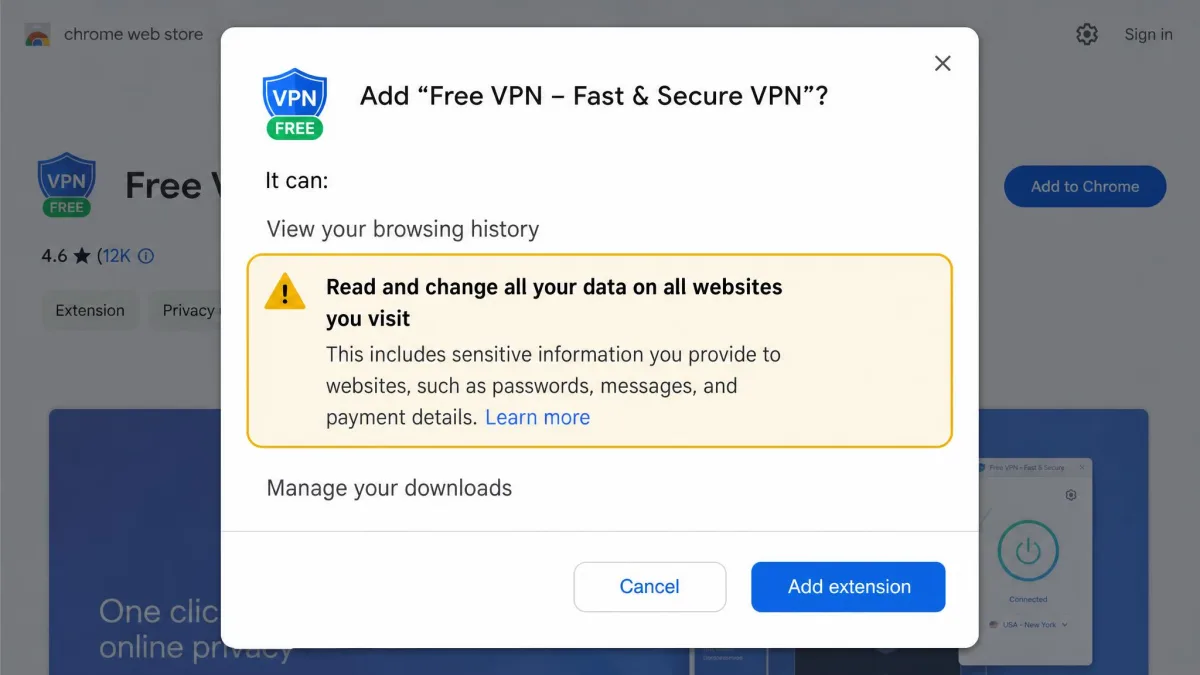 A Chrome permissions dialog for a free VPN extension requesting to read and change all data on visited websites, with a warning highlight around the broad permission request.