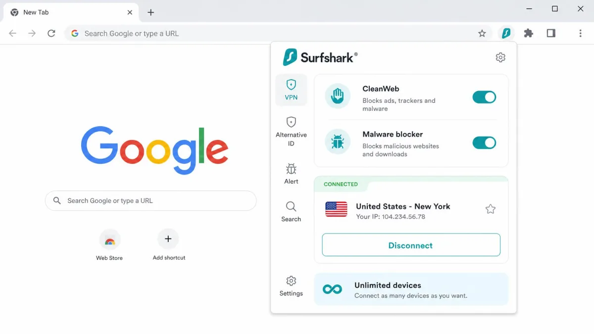 Surfshark's Chrome extension open with the CleanWeb ad and malware blocker toggled on, showing the connected server and an unlimited-devices note.