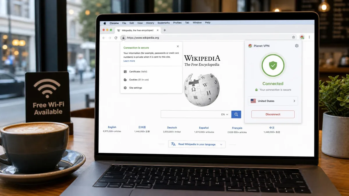 A laptop on a cafe table connected to public Wi-Fi with a Chrome VPN extension switched on, the browser showing a secured connection padlock and the extension's connected badge.