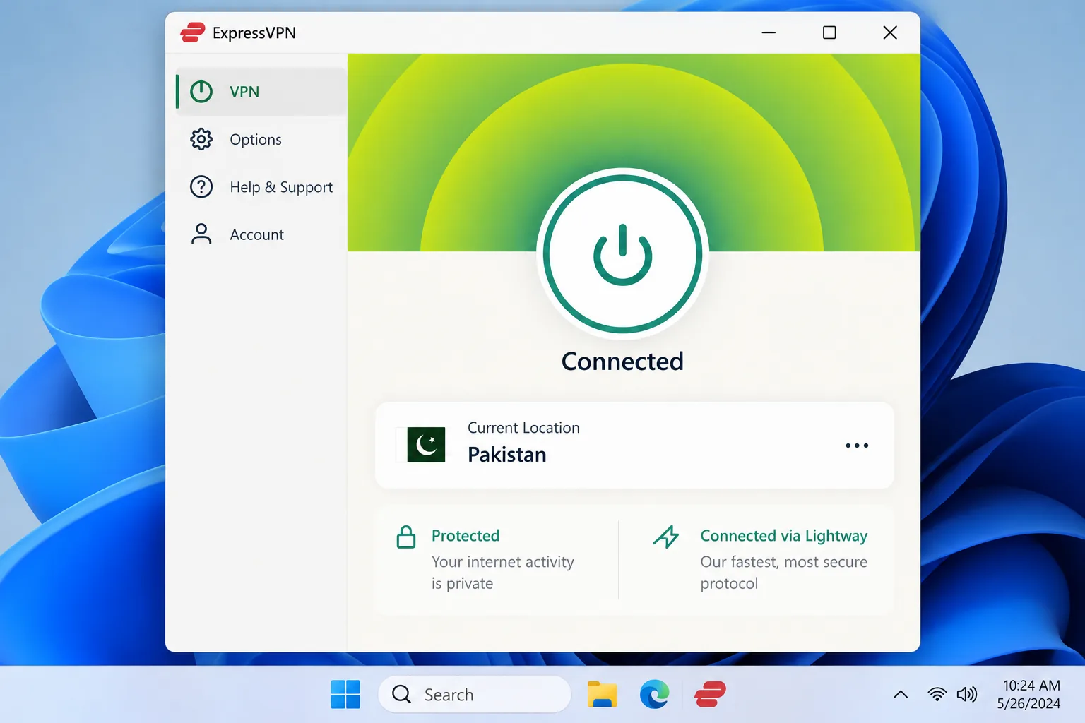 ExpressVPN's Windows app connected to a Pakistan virtual location over Lightway, with the power button showing Connected.