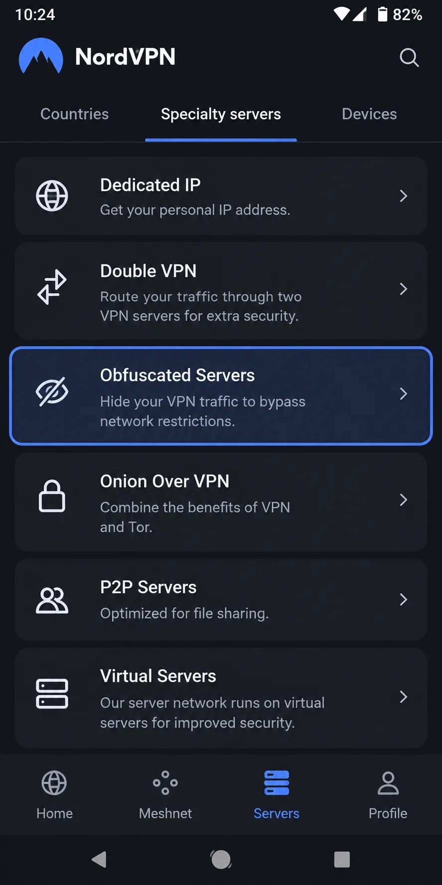NordVPN's Android app showing the server categories list with Obfuscated Servers highlighted.