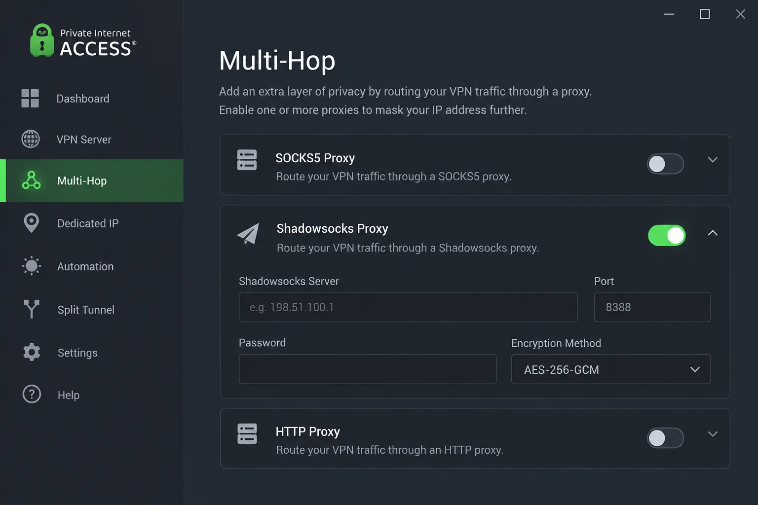 Private Internet Access's Windows app on the Multi-Hop settings screen with the Shadowsocks proxy option switched on.