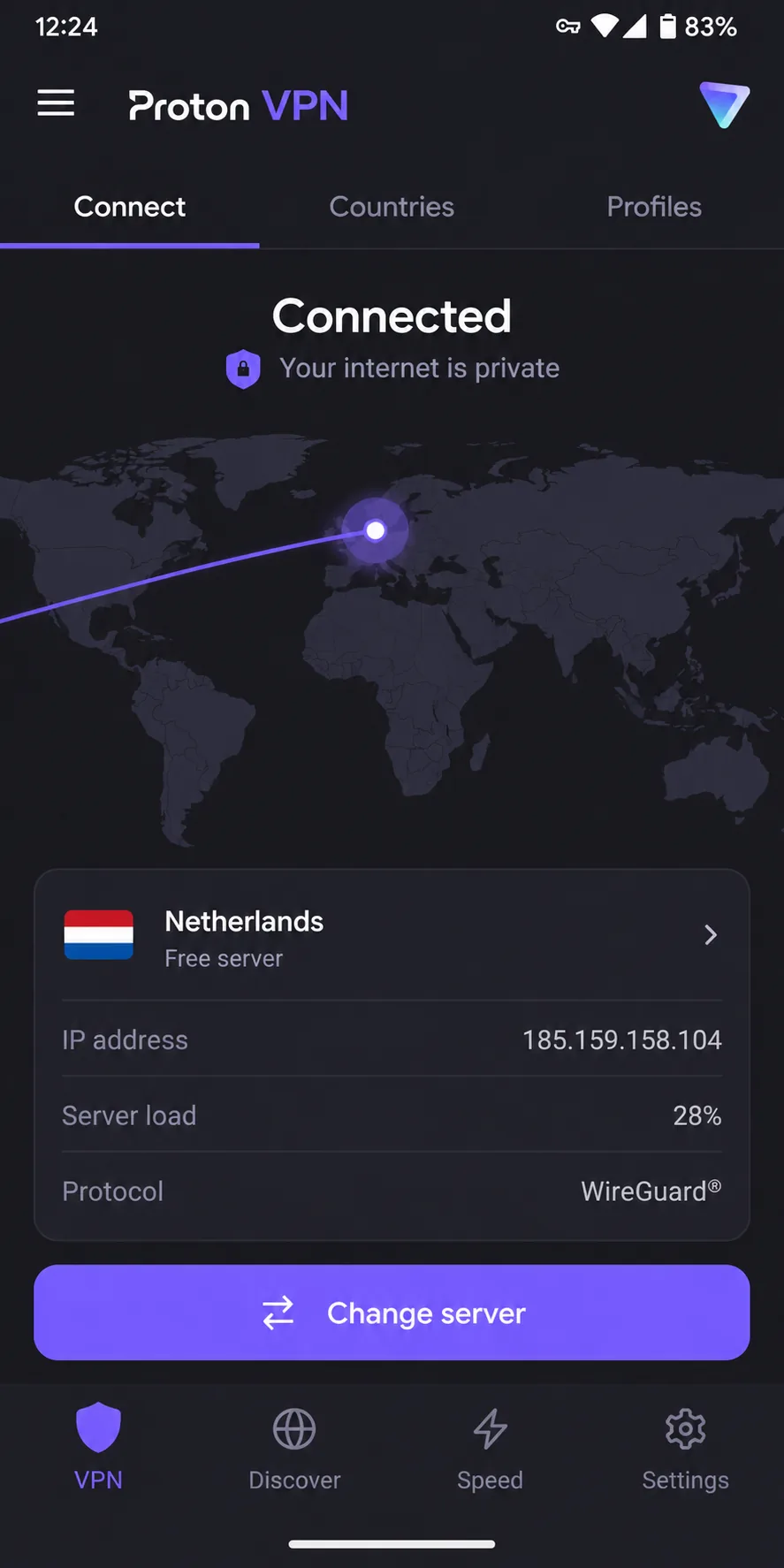 Proton VPN's free plan on Android connected to a randomly assigned server, with the Change server button visible.