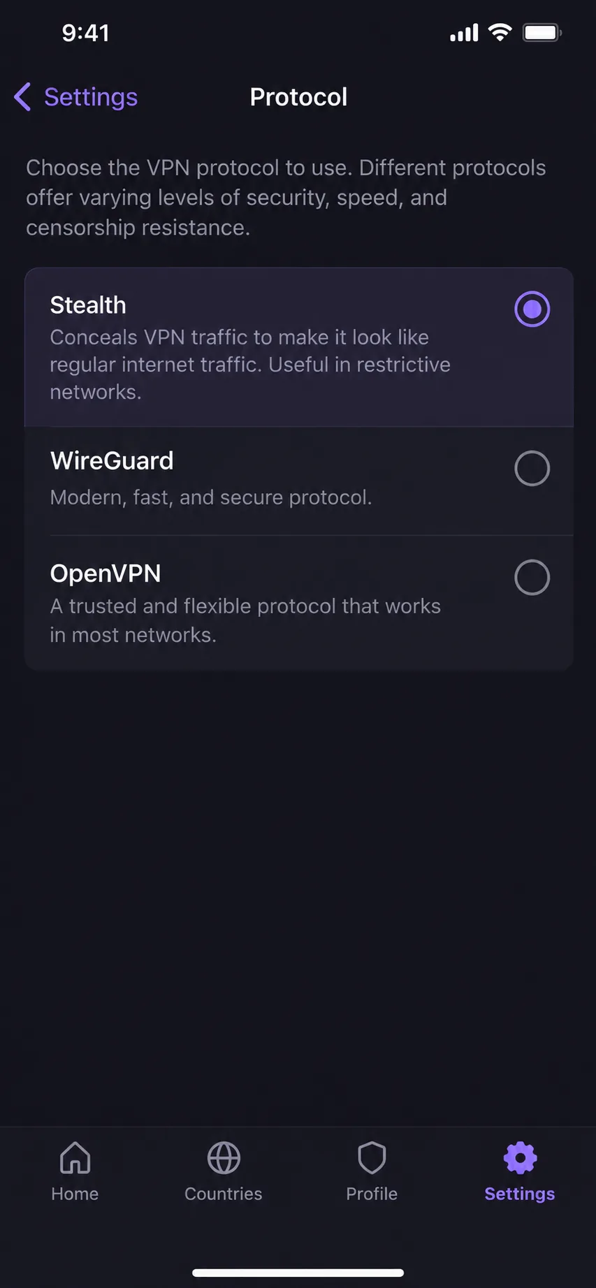Proton VPN's iPhone app on the Protocol settings screen with Stealth selected above WireGuard and OpenVPN.