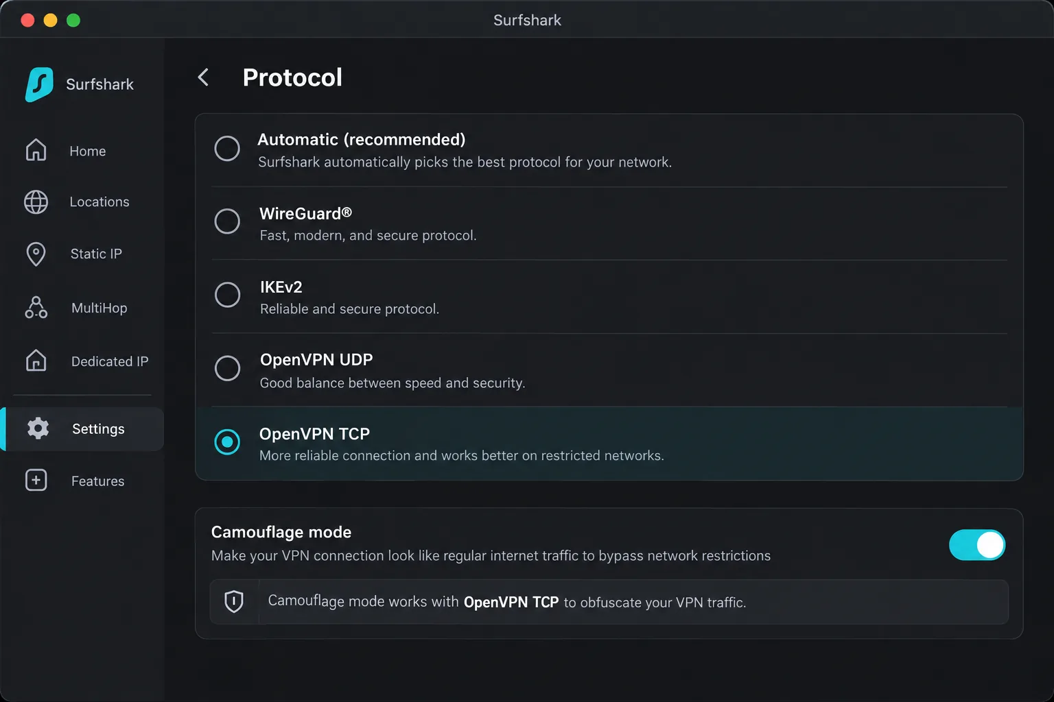 Surfshark's macOS app on the protocol settings page with OpenVPN TCP selected for Camouflage mode.